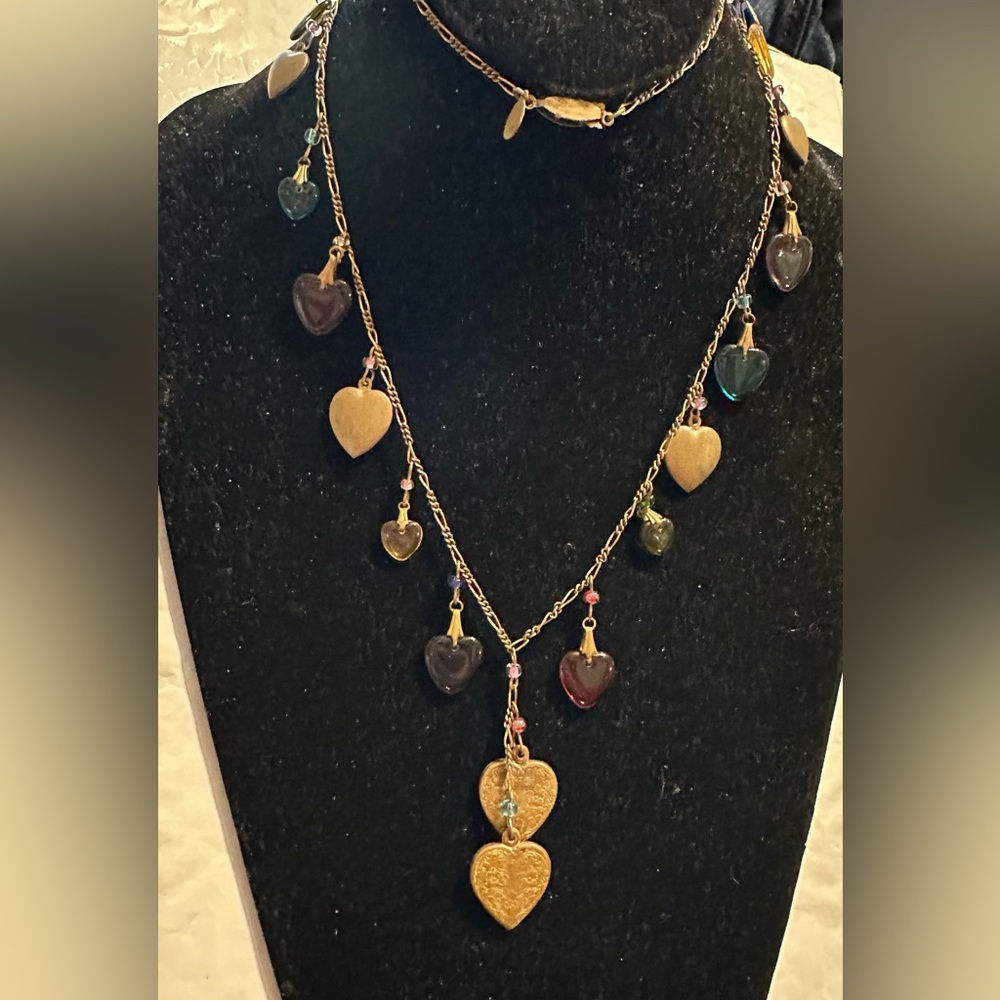 Vintage Glass Works Studio Glass & Brass Heart Charms‎ Multi Color Necklace